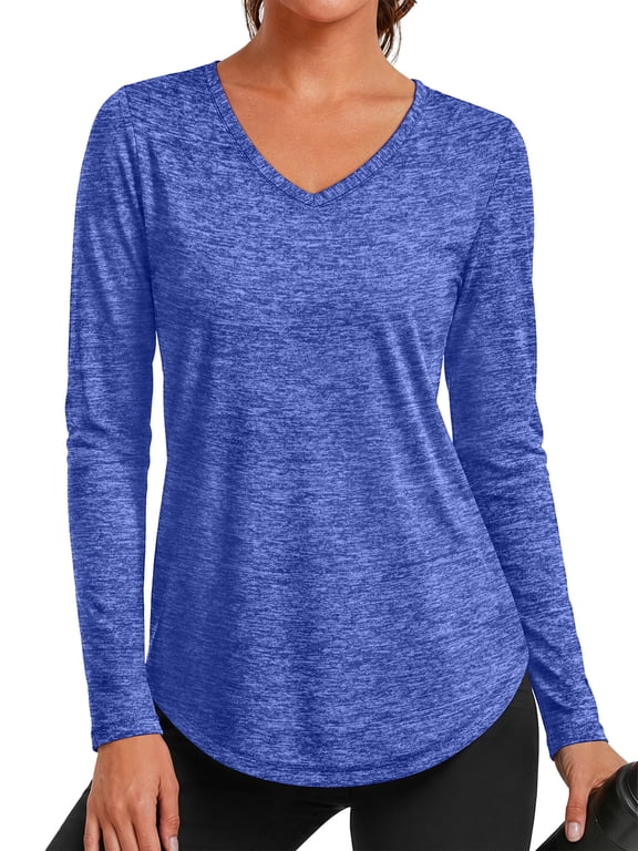 Womens Workout Tops V Neck Tee Shirts Quick Dry Long Sleeve Shirts for Women Loose Activewear Tops for Yoga Running Gym