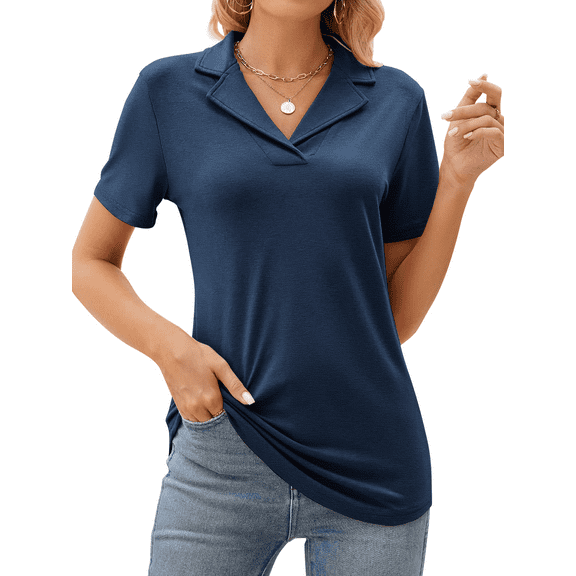 Rosvigor Womens Tops Short Sleeve Polo Shirts for Women V Neck Blouses Summer Tunics Shirts with Collar
