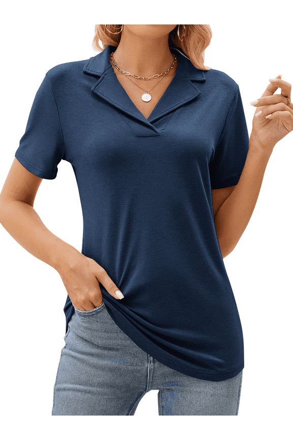 Womens Tops Short Sleeve Polo Shirts for Women V Neck Blouses Summer Tunics Shirts with Collar