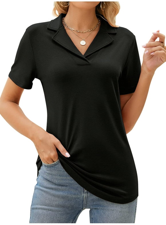 Womens Tops Short Sleeve Polo Shirts for Women V Neck Blouses Summer Tunics Shirts with Collar