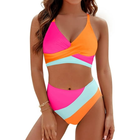 Rosvigor Womens Swimsuits Two Piece Bikini Sets Bathing Suits for Women Summer Color Block Swimwear