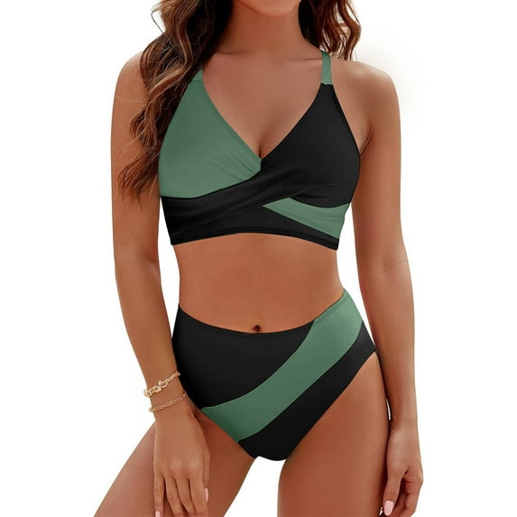 Rosvigor Womens Swimsuits Two Piece Bikini Sets Bathing Suits for Women Summer Color Block Swimwear