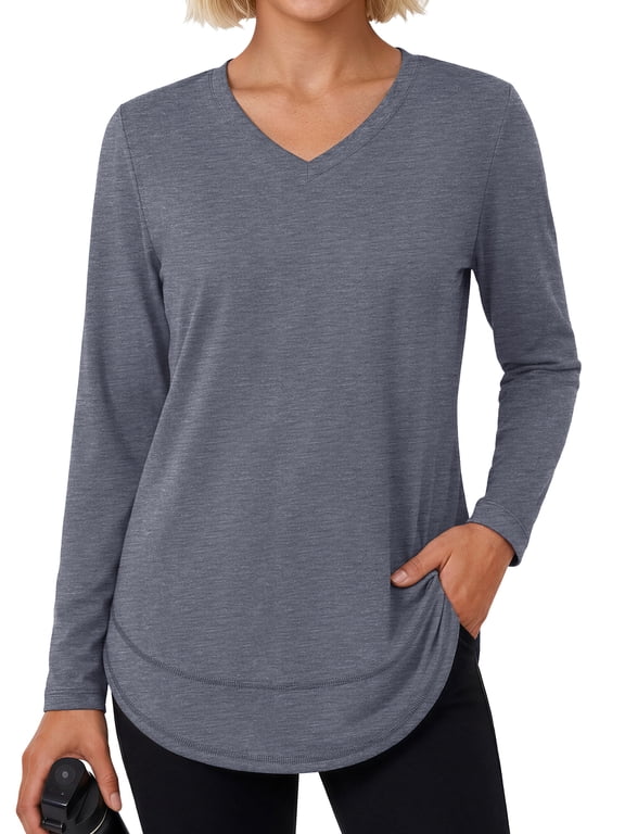 Womens Workout Tops Long Sleeve V Neck Tee Shirts Athletic Shirts Comfy Activewear Tops for Gym Running Yoga