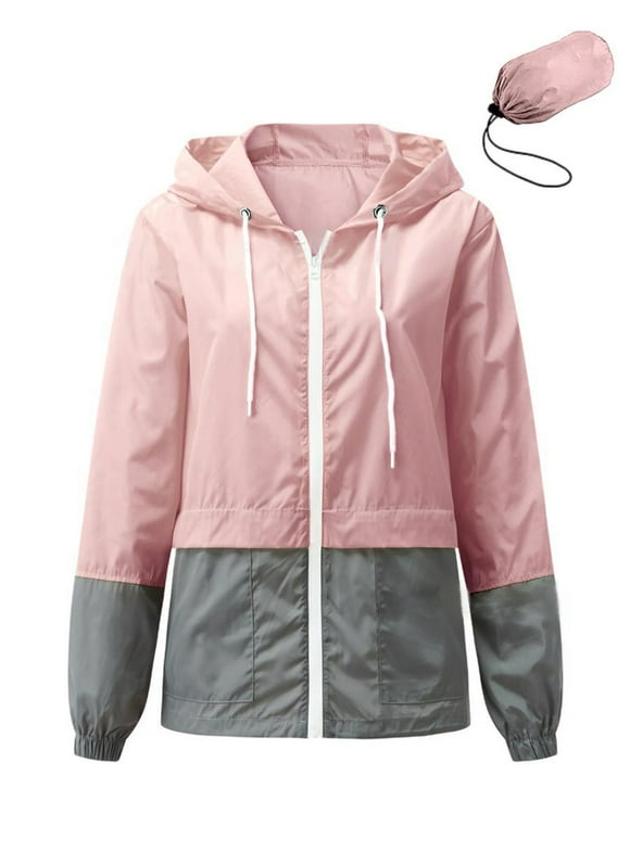 Womens Waterproof Raincoat Lightweight Color Block Jackets Windproof Hooded Jacket with Pockets