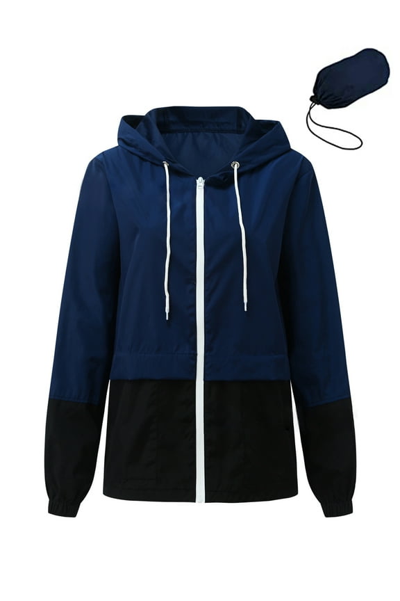 Womens Waterproof Raincoat Lightweight Color Block Jackets Windproof Hooded Jacket with Pockets