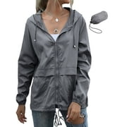 Plus Size Womens Waterproof Raincoat Lightweight Color Block Jackets Windproof Hooded Jacket with Pockets