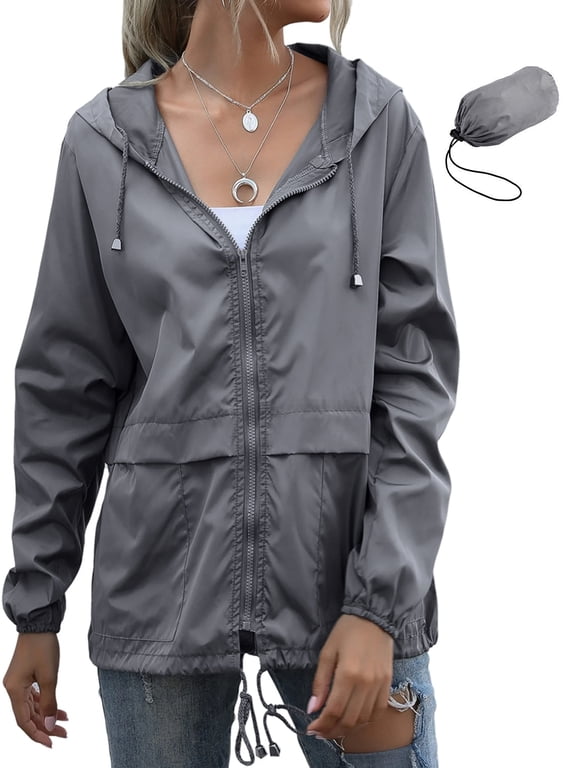 Plus Size Womens Waterproof Raincoat Lightweight Color Block Jackets Windproof Hooded Jacket with Pockets