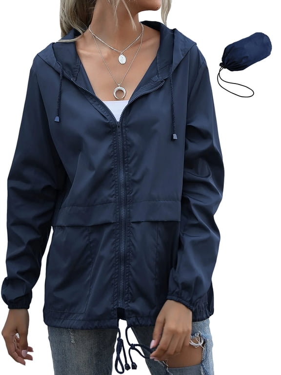 Womens Waterproof Raincoat Lightweight Rain Jackets Windproof Hooded Jacket with Pockets