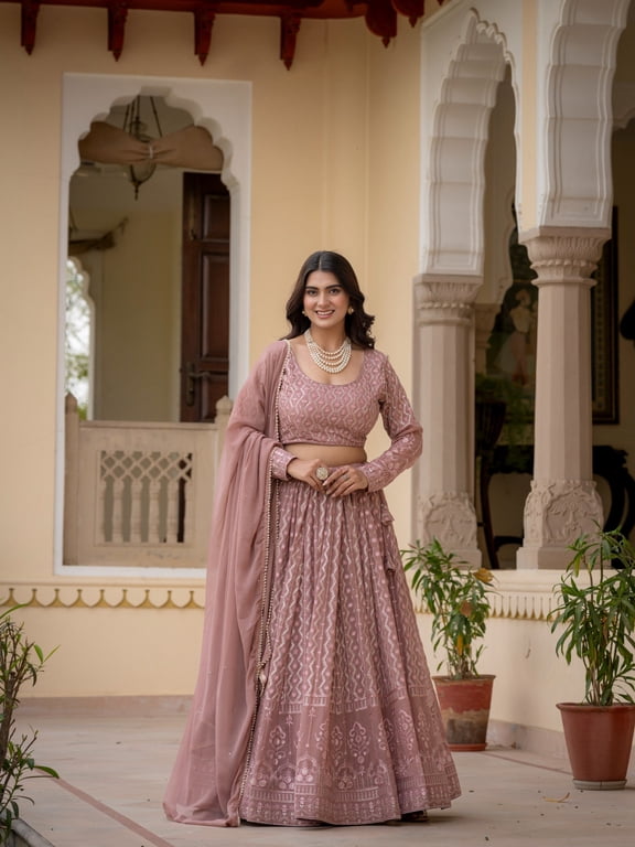 Rosy Brown Georgette Lehenga Choli for Women, Thread Zari Sequins Embroidery Semi Stitched Lehenga Set with Unstitched Blouse & Dupatta, Wedding Party Wear
