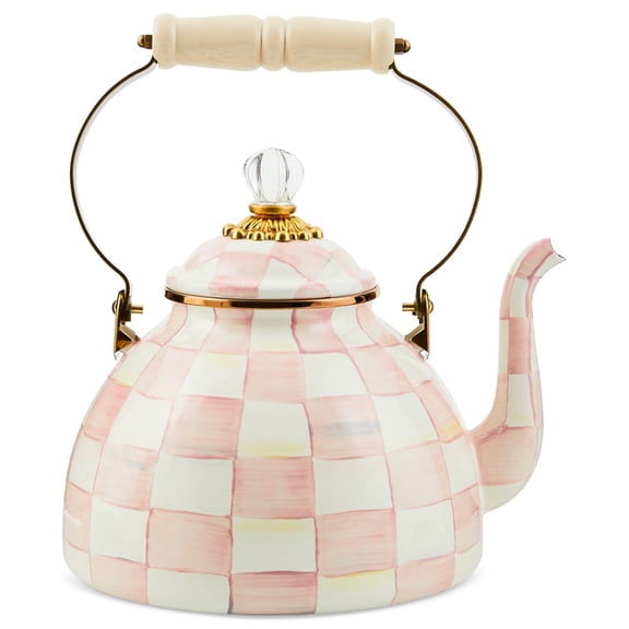 Rosy Check 3-Quart Enamel Tea Kettle with Clear Glass Knob