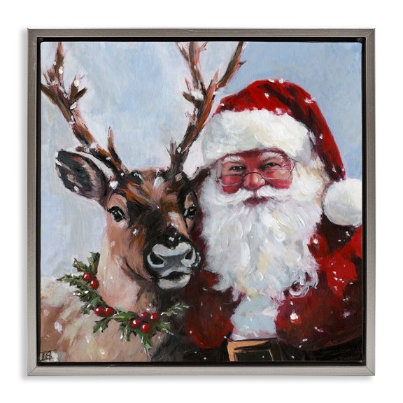 Stupell Industries Rosy Cheeked Santa & Reindeer Gray Framed Floater Canvas Wall Art, design by Sara Culpepper, 25 x 25