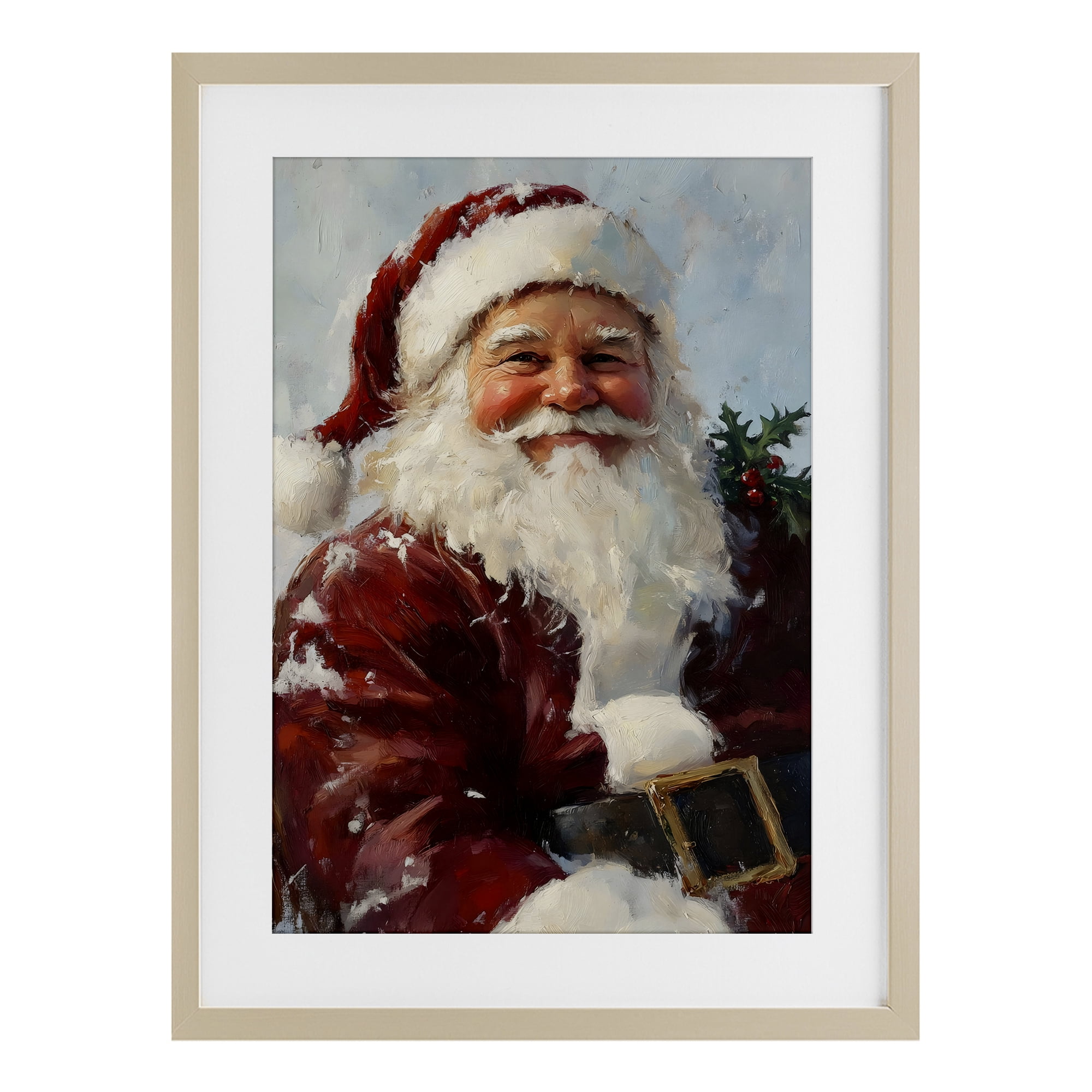 Rosy Cheeked Santa Smile Birch Framed Print Under Glass, design by Petal Prints Design