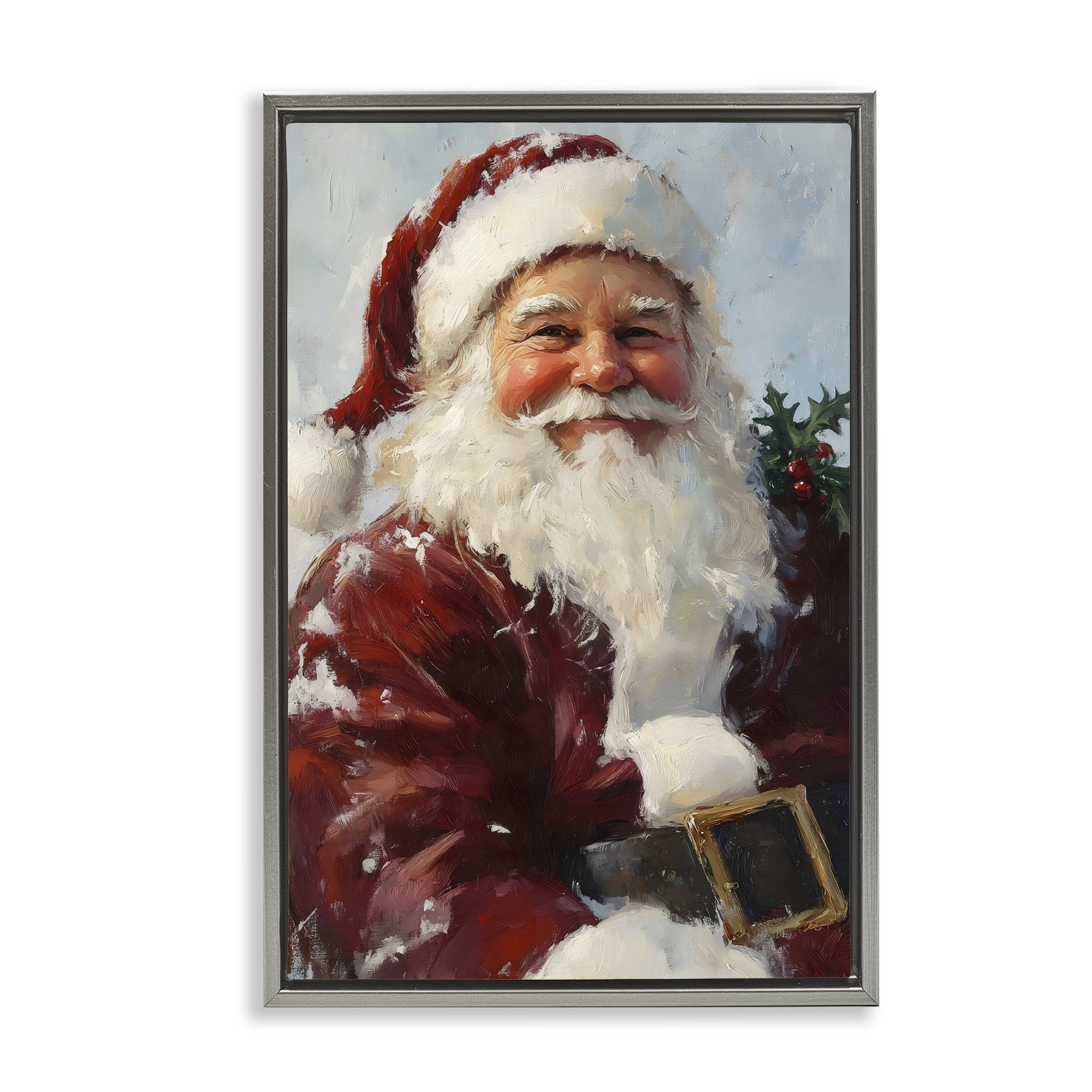 Rosy Cheeked Santa Smile Gray Framed Floater Canvas Wall Art, design by Petal Prints Design
