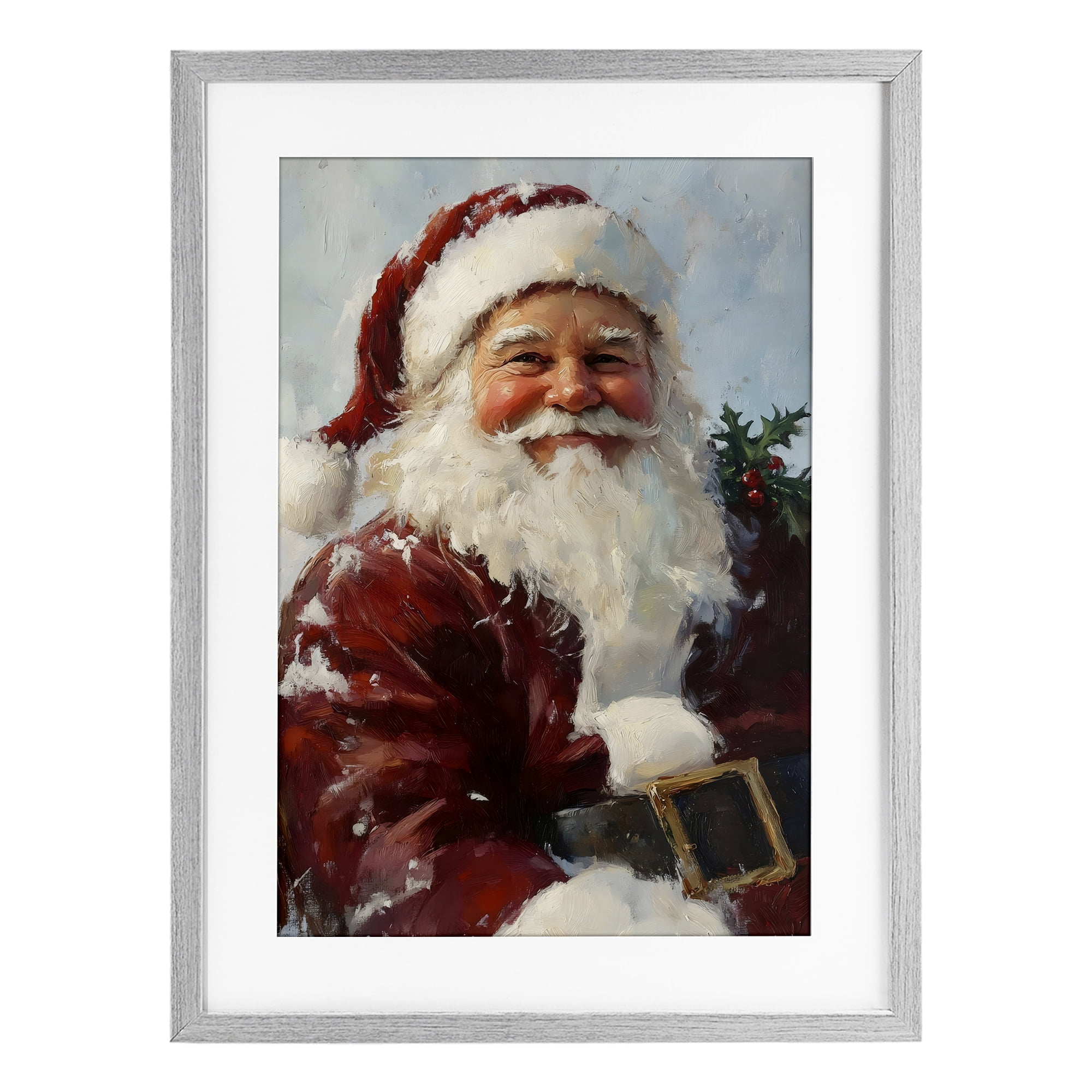 Rosy Cheeked Santa Smile Gray Framed Print Under Glass, design by Petal Prints Design