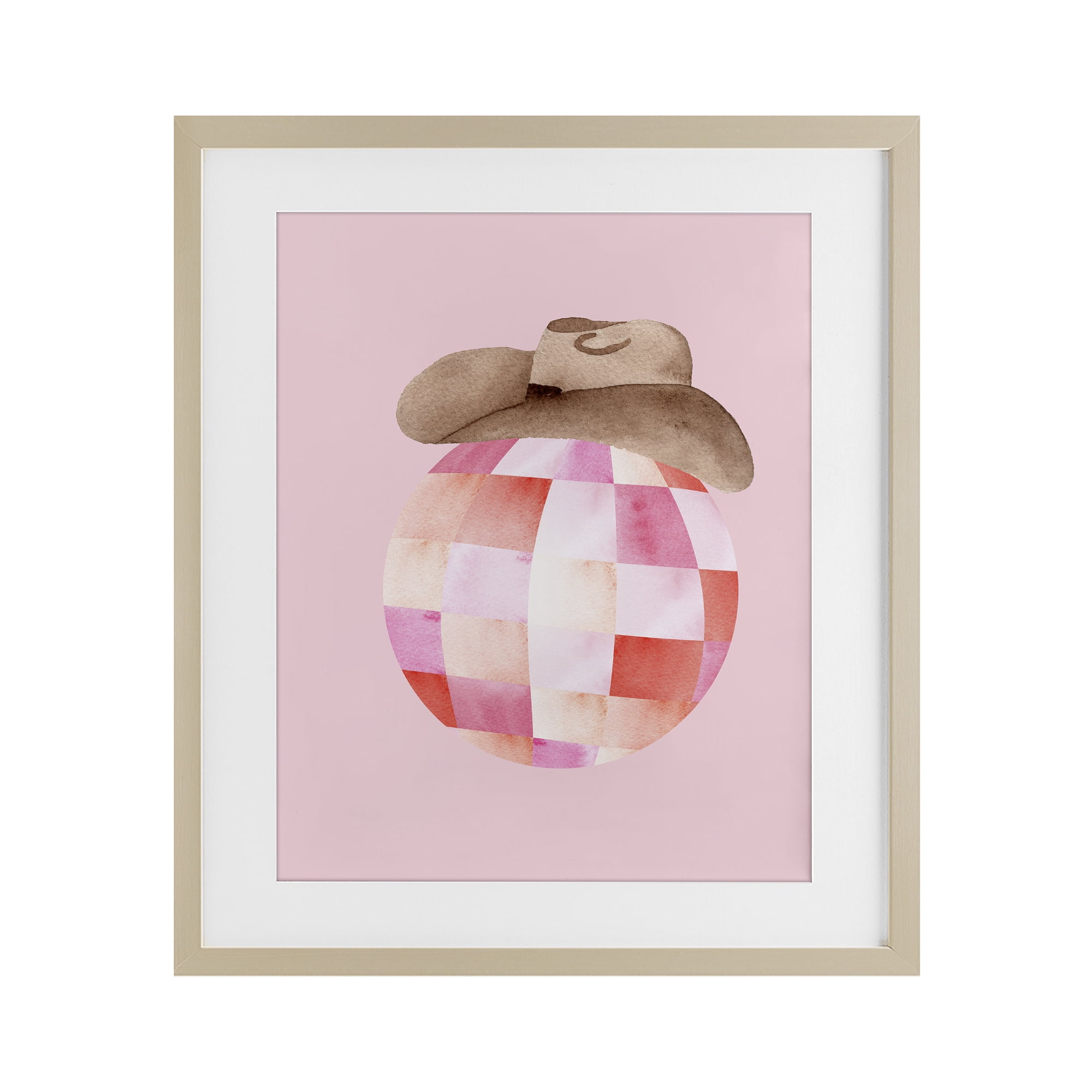 Rosy Disco Cowgirl Hat Birch Framed Print Under Glass, design by Nina Jacobs