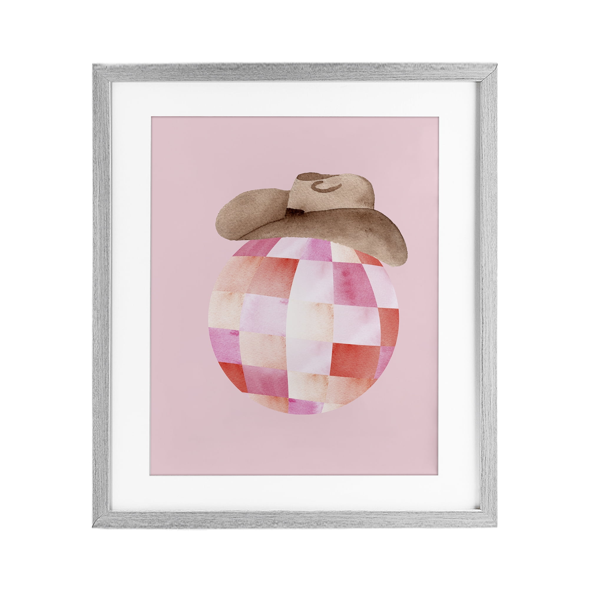 Rosy Disco Cowgirl Hat Gray Framed Print Under Glass, design by Nina Jacobs