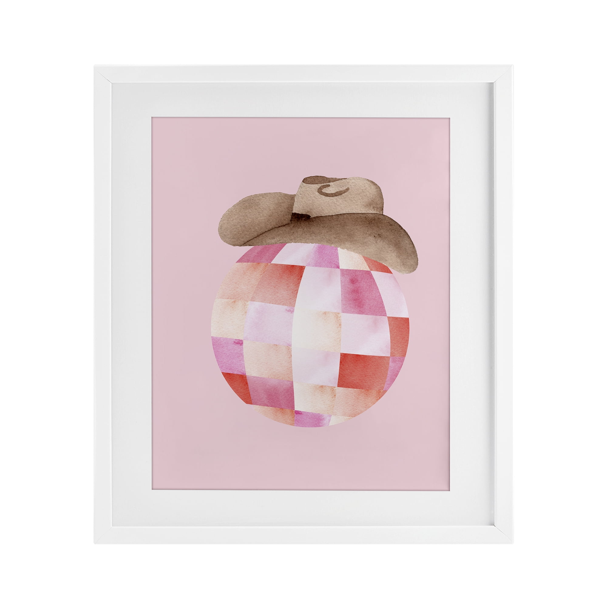 Rosy Disco Cowgirl Hat White Framed Print Under Glass, design by Nina Jacobs
