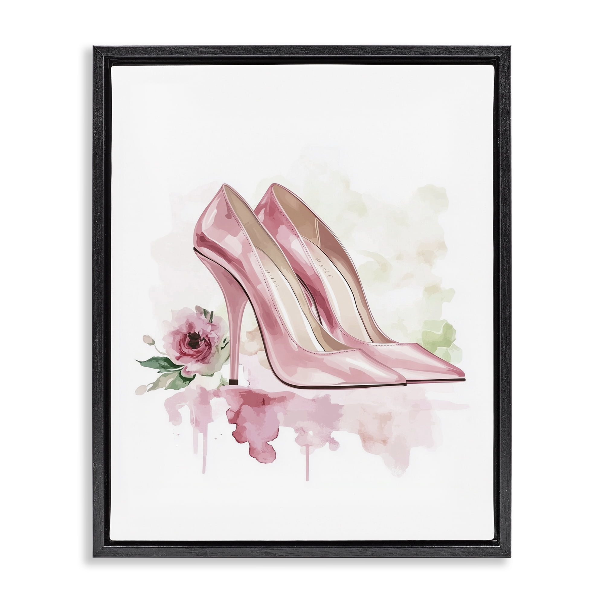 Rosy Pastel Heels Black Framed Floater Canvas Wall Art, design by Christine Simpson Art
