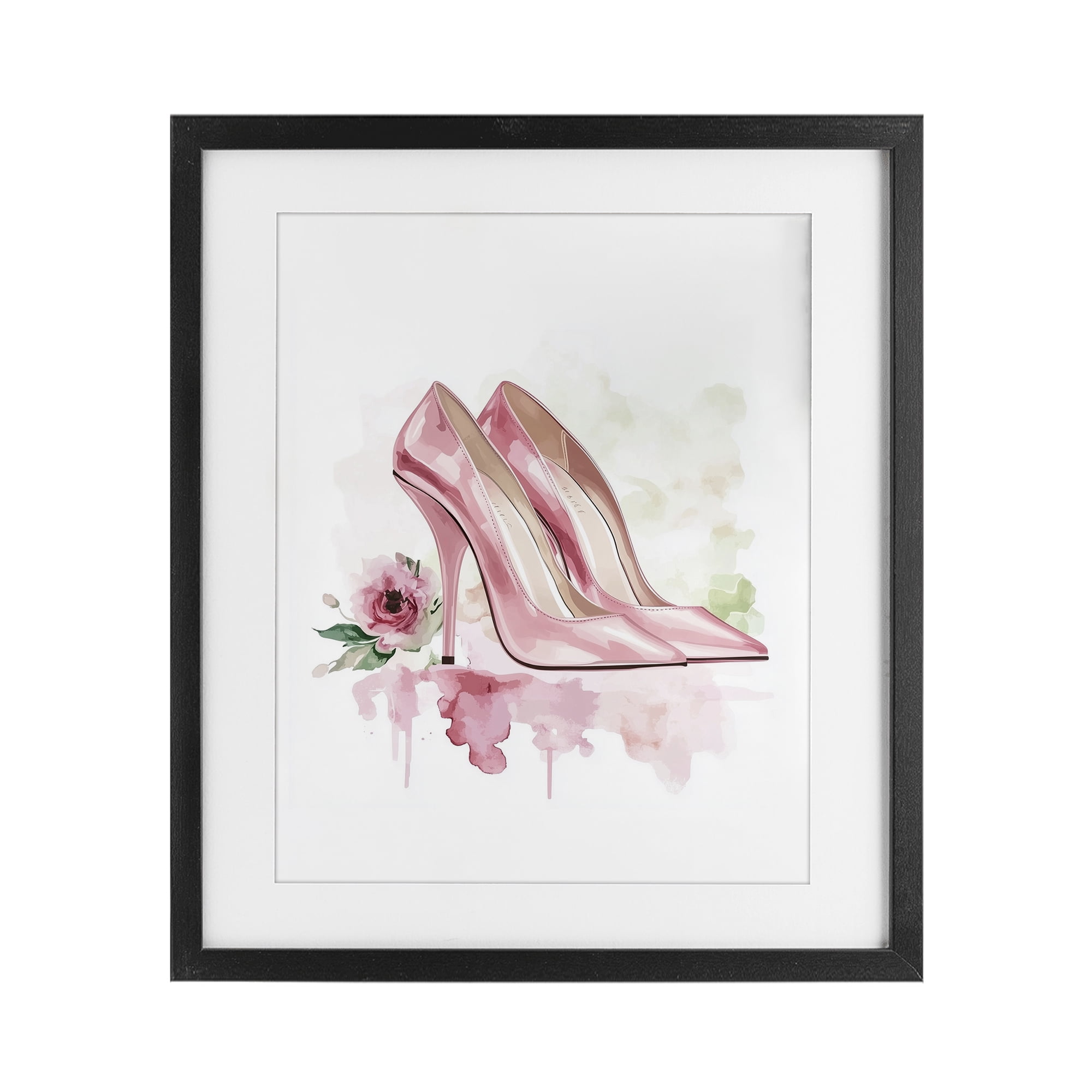 Rosy Pastel Heels Black Framed Print Under Glass, design by Christine Simpson Art