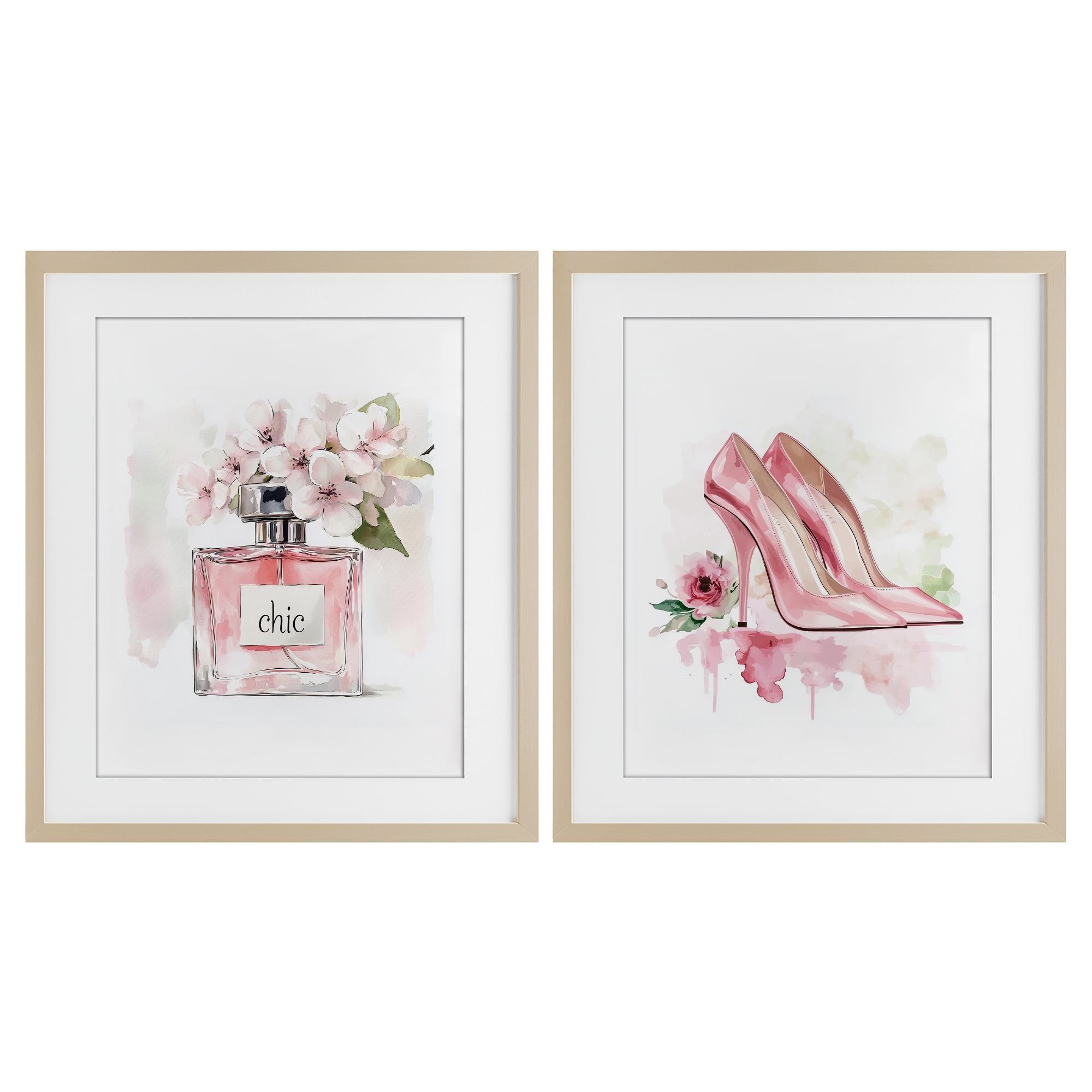 Rosy Pastel Perfume & Heels 2 Piece Birch Framed Print Under Glass Set, design by Christine Simpson Art