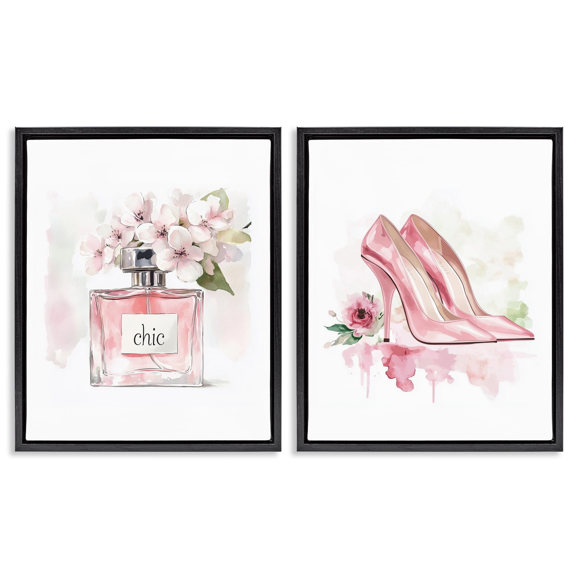 Rosy Pastel Perfume & Heels 2 Piece Black Framed Floater Canvas Set, design by Christine Simpson Art