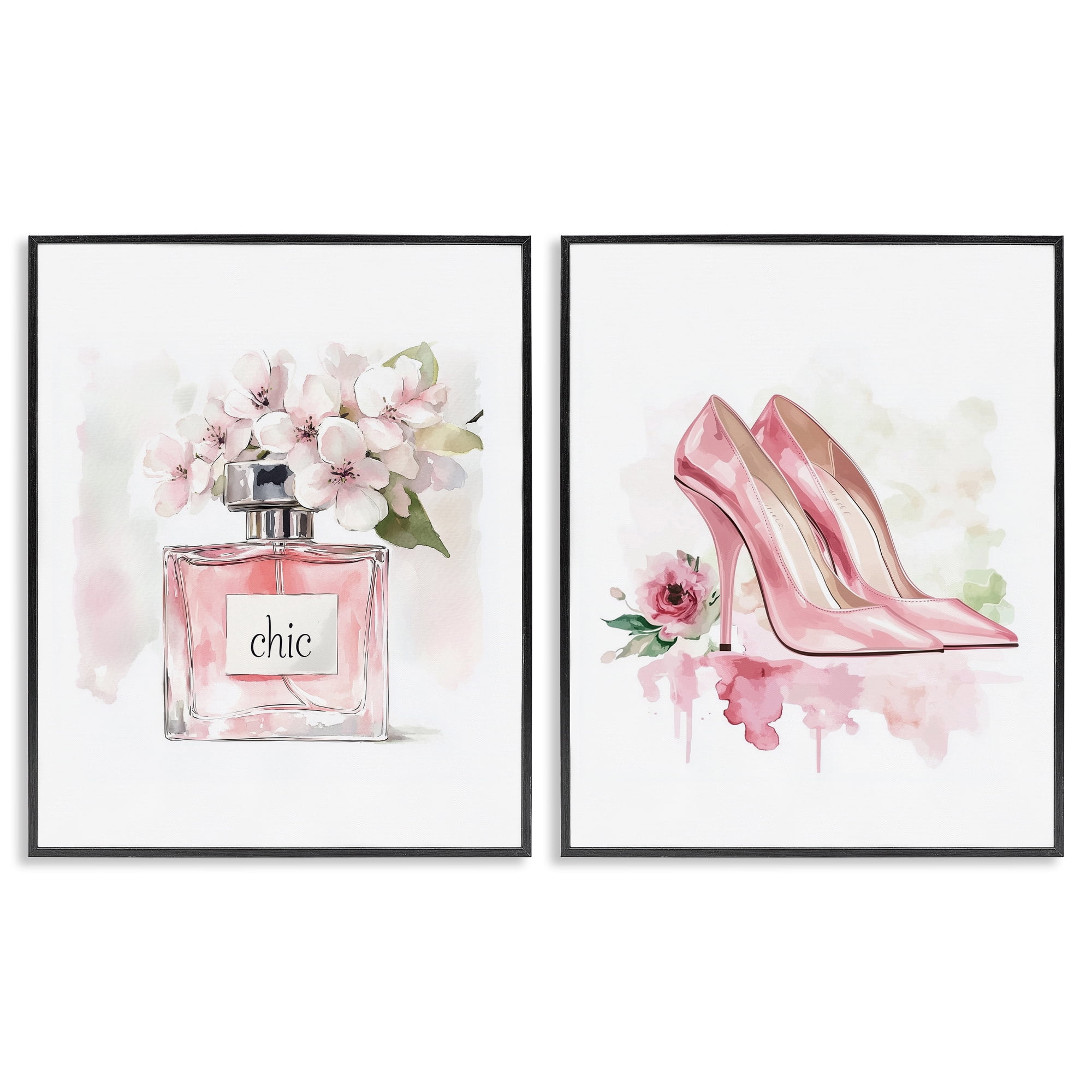Rosy Pastel Perfume & Heels 2 Piece Black Framed Giclee Art Set, design by Christine Simpson Art
