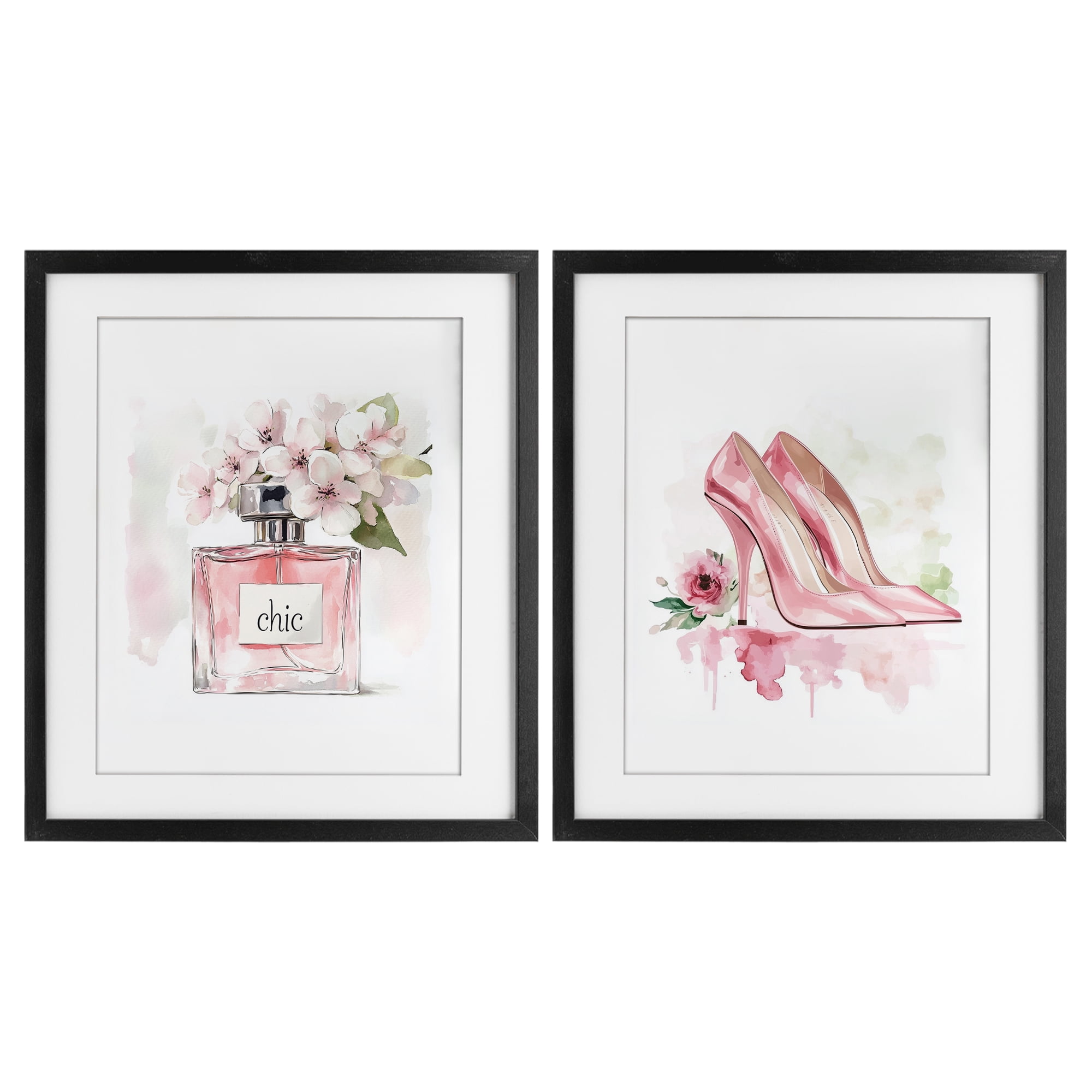 Rosy Pastel Perfume & Heels 2 Piece Black Framed Print Under Glass Set, design by Christine Simpson Art