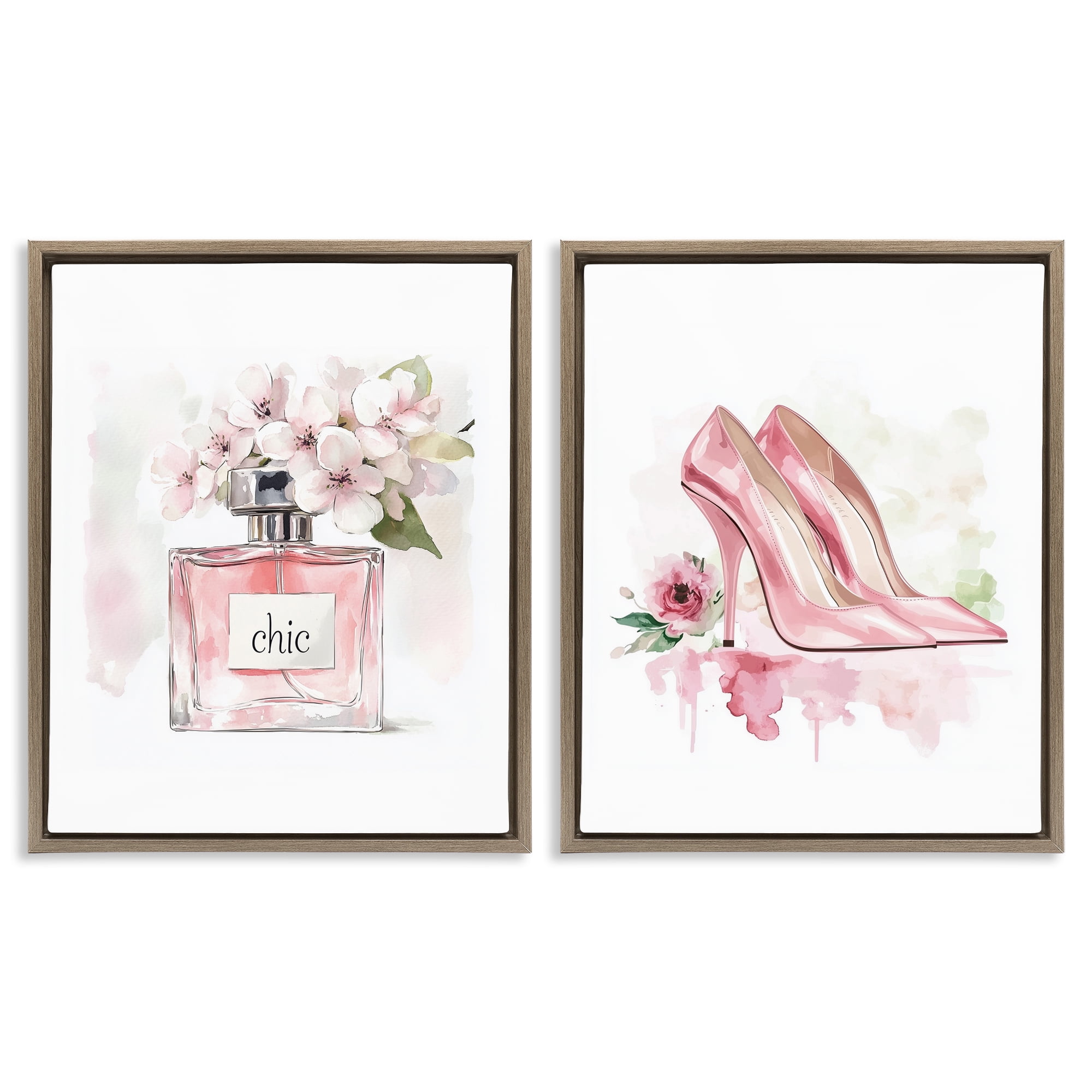 Rosy Pastel Perfume & Heels 2 Piece Brown Framed Floater Canvas Set, design by Christine Simpson Art