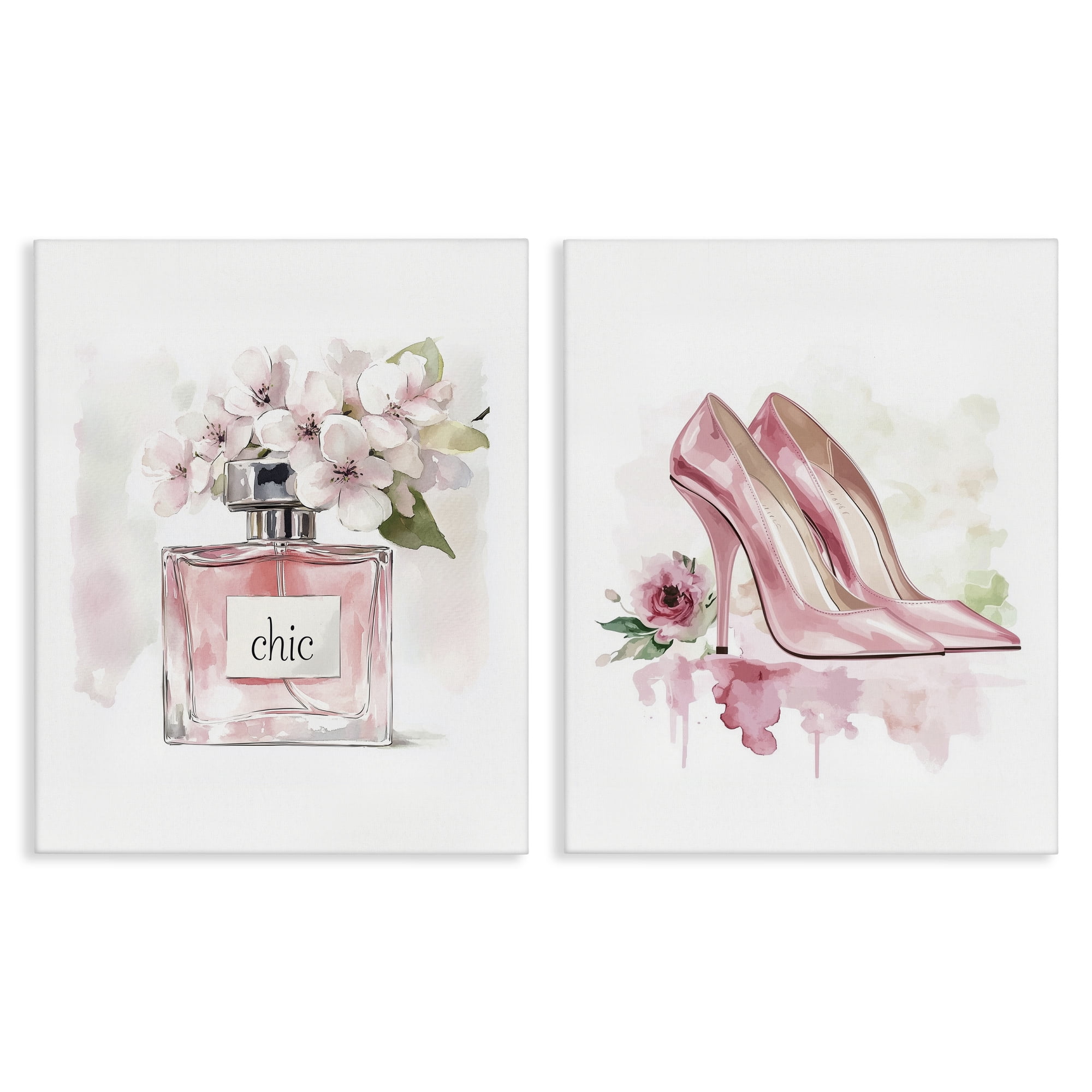 Rosy Pastel Perfume & Heels 2 Piece Canvas Wall Art Set, design by Christine Simpson Art