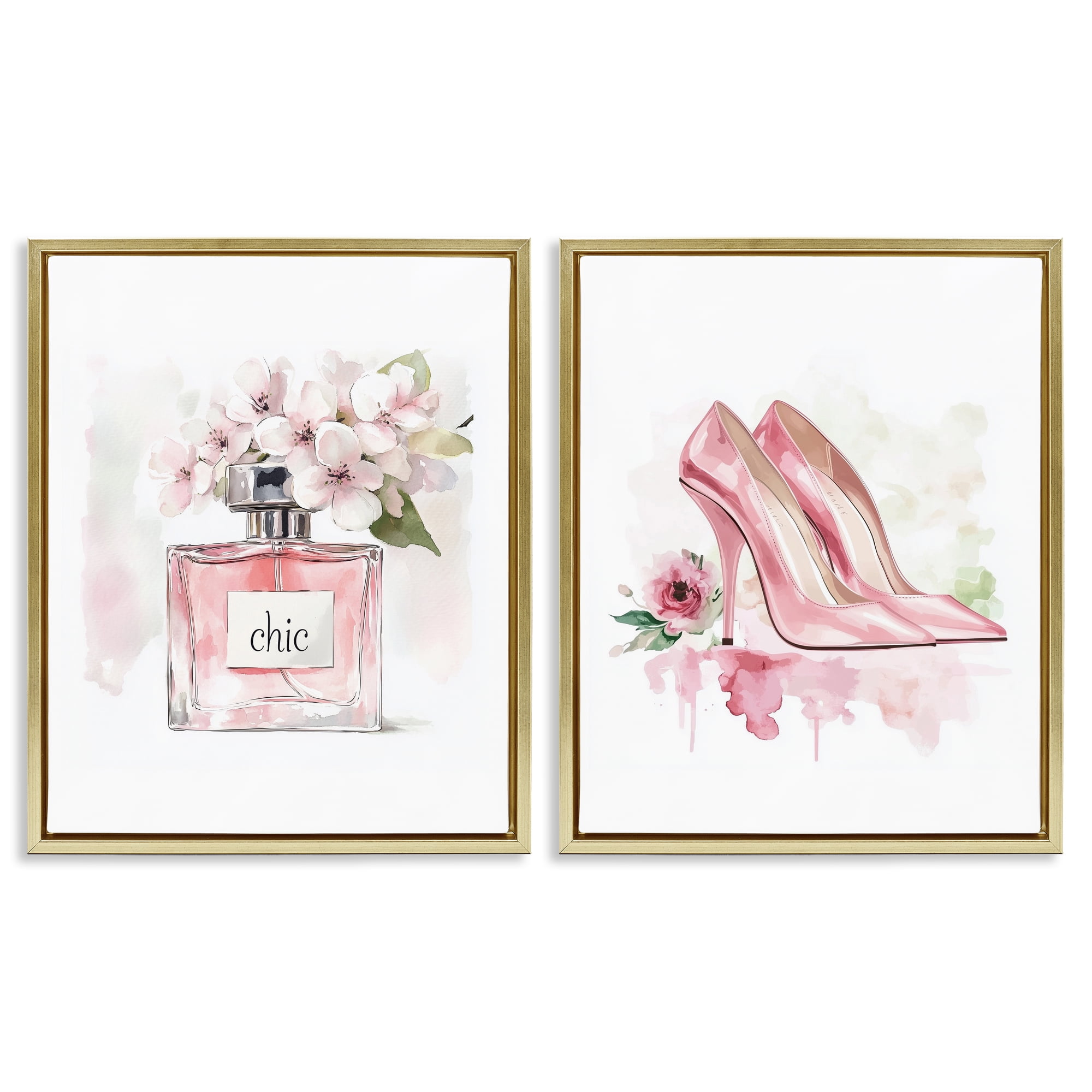 Rosy Pastel Perfume & Heels 2 Piece Gold Framed Floater Canvas Set, design by Christine Simpson Art