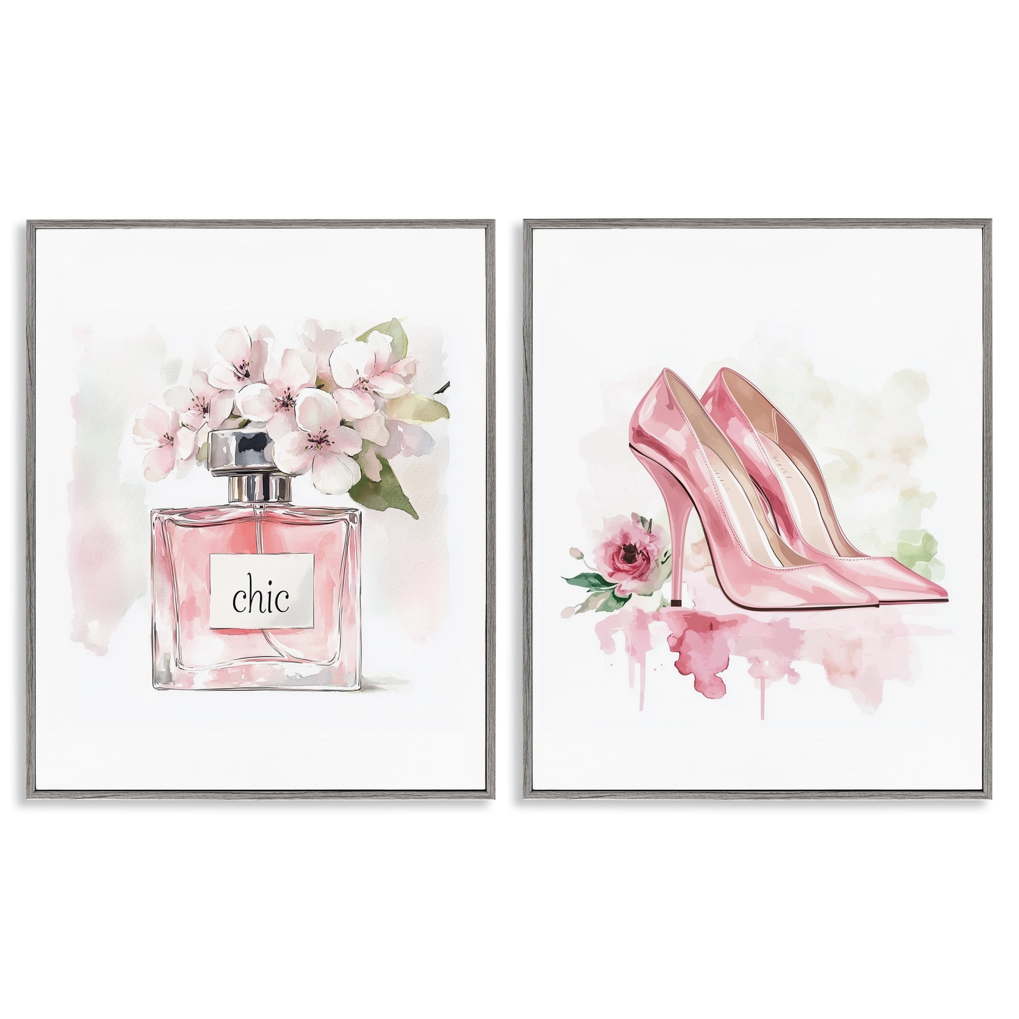 Rosy Pastel Perfume & Heels 2 Piece Gray Framed Giclee Art Set, design by Christine Simpson Art