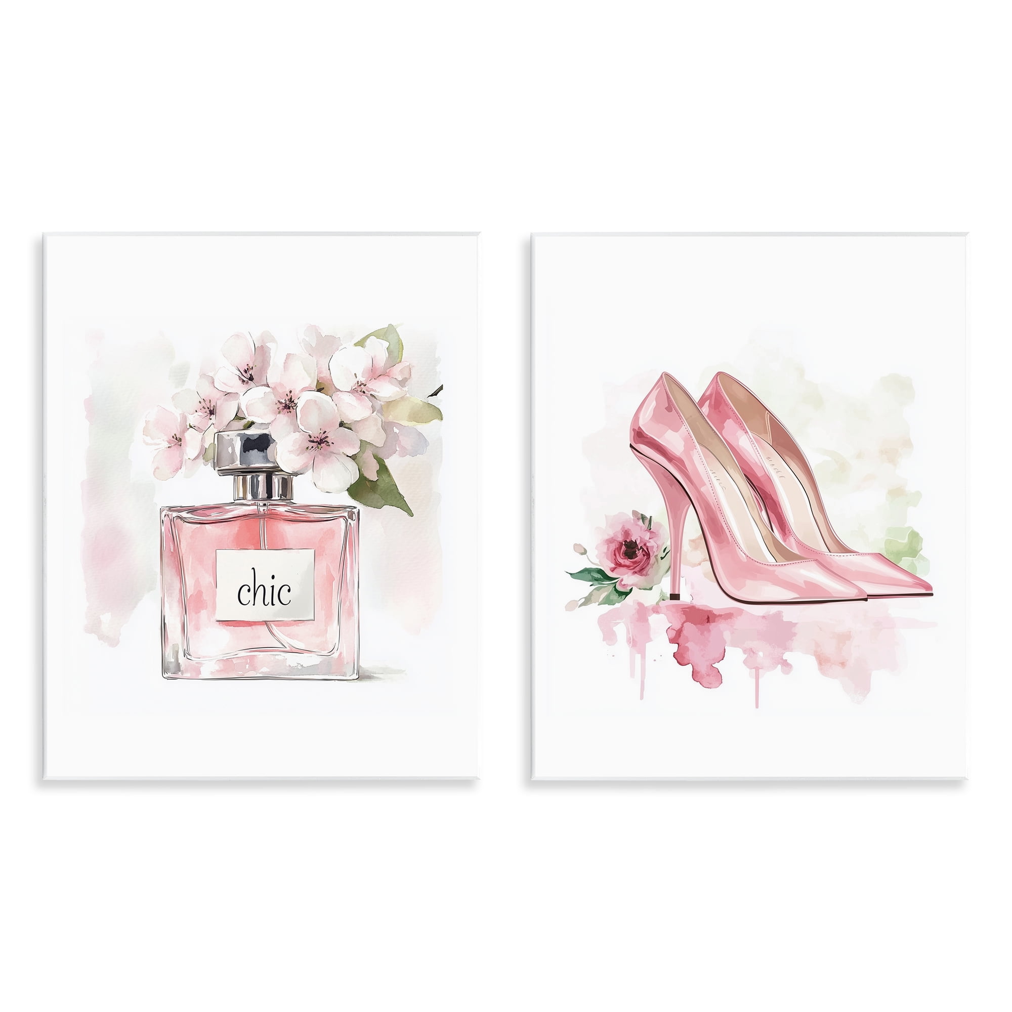 Rosy Pastel Perfume & Heels 2 Piece Wall Plaque Art Set, design by Christine Simpson Art