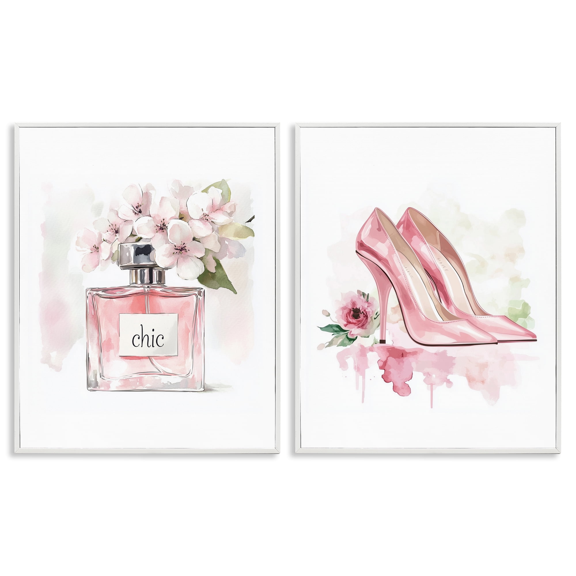 Rosy Pastel Perfume & Heels 2 Piece White Framed Giclee Art Set, design by Christine Simpson Art