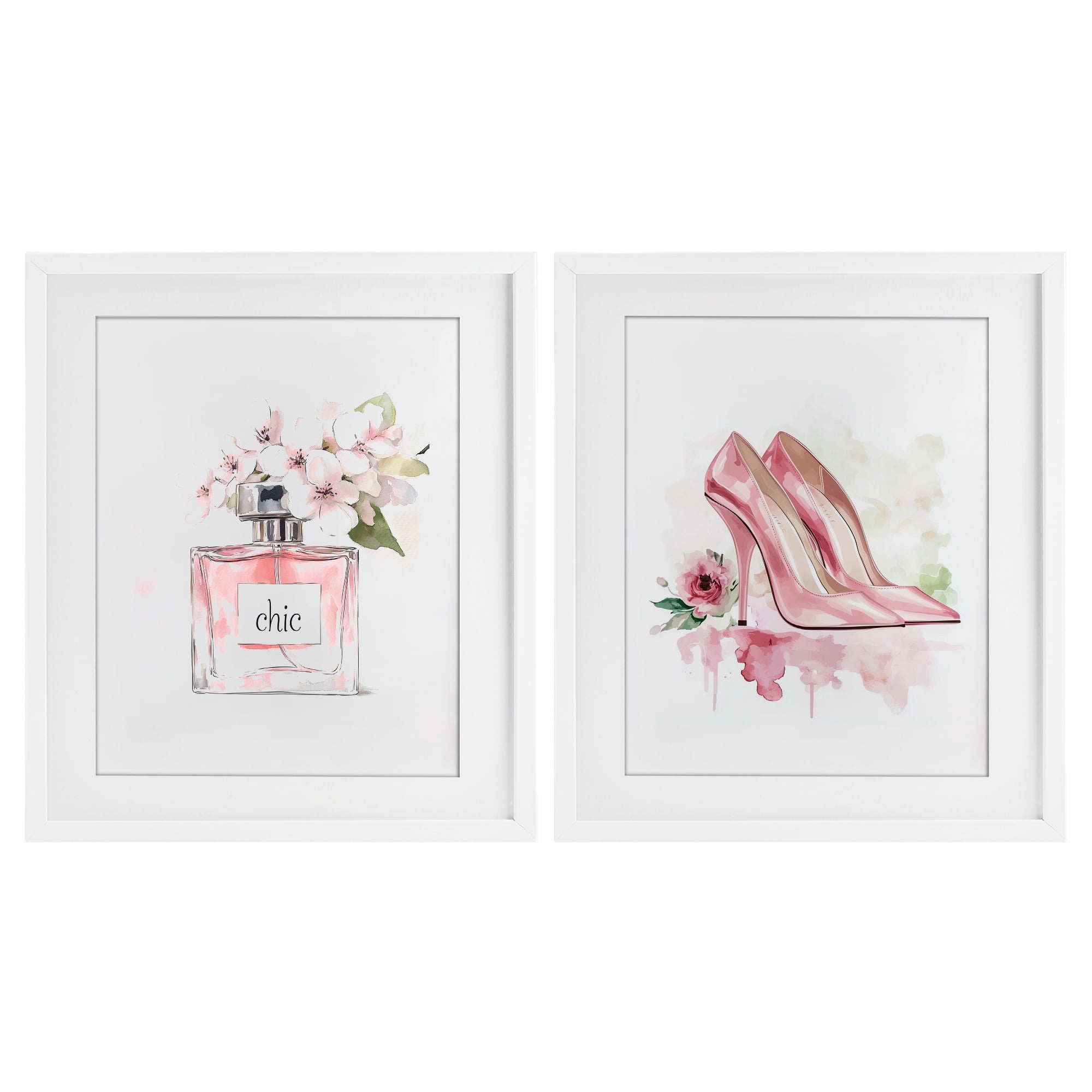 Rosy Pastel Perfume & Heels 2 Piece White Framed Print Under Glass Set, design by Christine Simpson Art