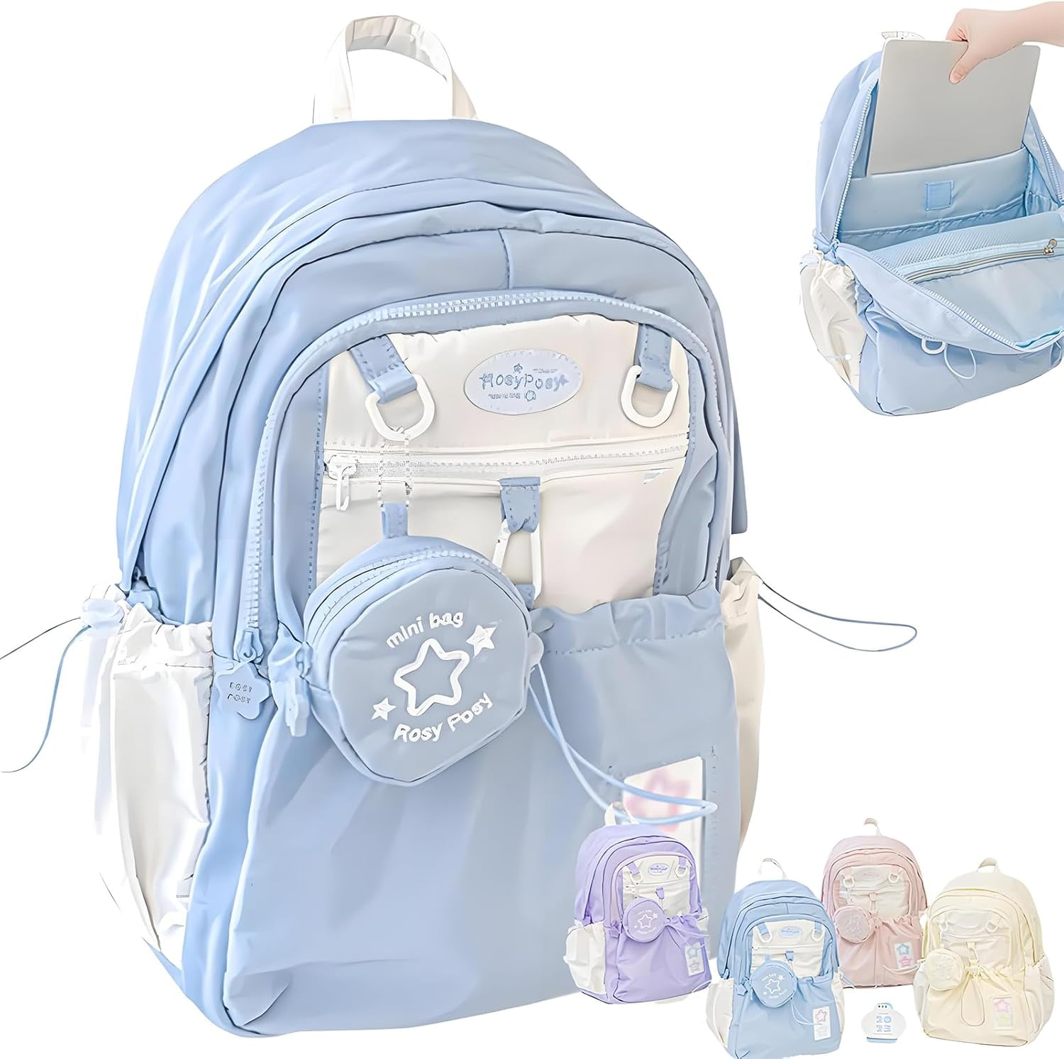 Rosy Posy Backpack Cream Star Drawstring, 16 Inch Laptop Compartment ...