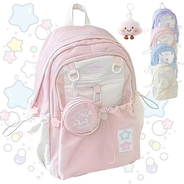 Rosy Posy Backpack, Cream Star Drawstring Backpack, 16" Large Capacity Cute Kawaii Backpacks (Pink)