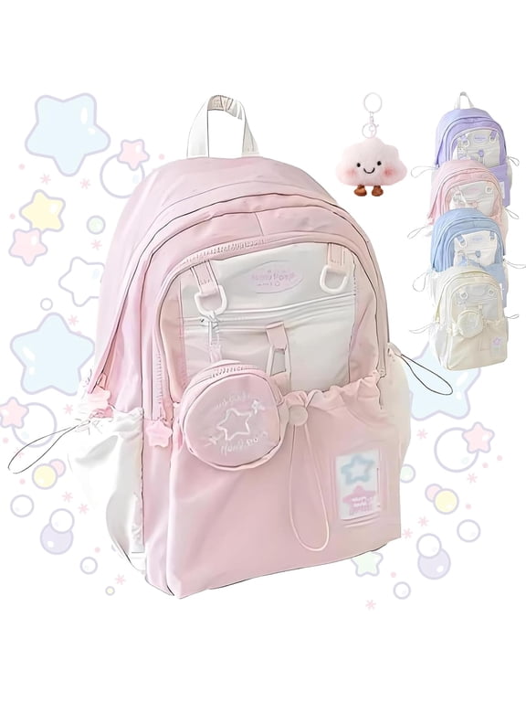 Backpack, Cream Star Drawstring Backpack, 16" Large Capacity Cute Kawaii Backpacks (pink)