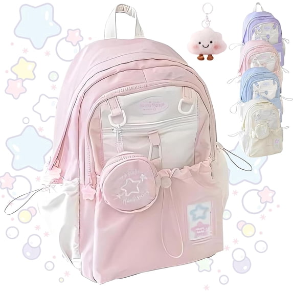 Backpack, Cream Star Drawstring Backpack, 16" Large Capacity Cute Kawaii Backpacks (pink)