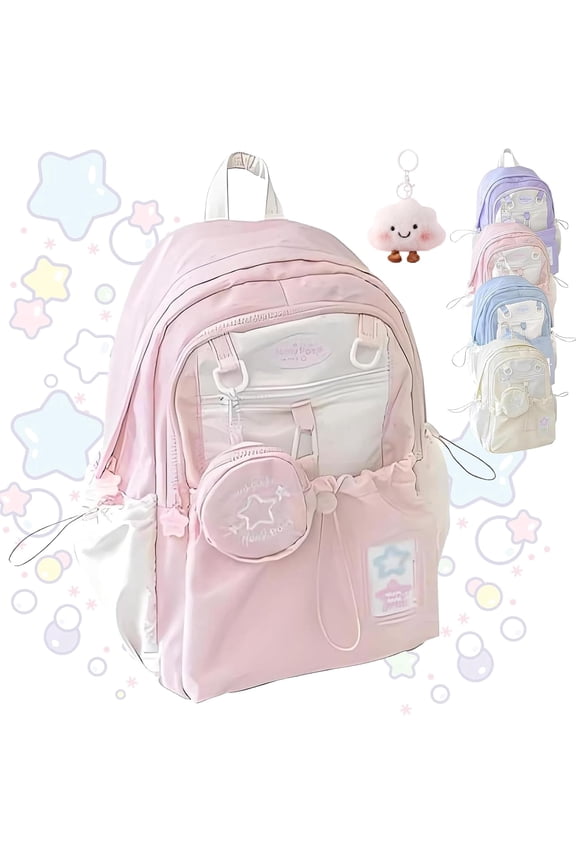 Backpack, Cream Star Drawstring Backpack, 16" Large Capacity Cute Kawaii Backpacks (pink)