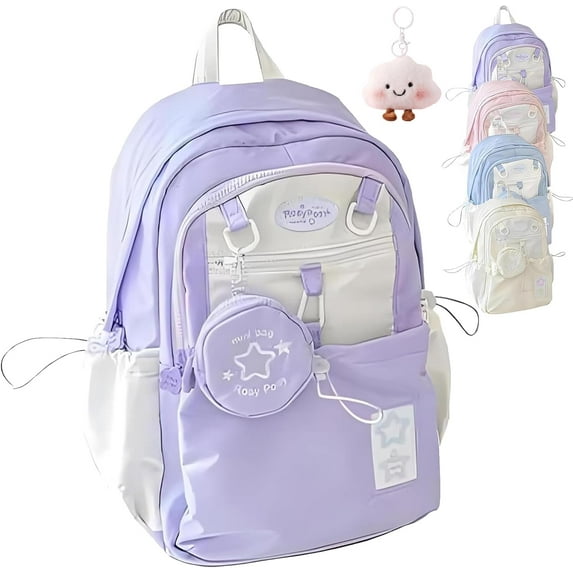 Rosy Posy Backpack, Cream Star Drawstring Backpack, 16" Large Capacity Cute Kawaii Backpacks (purple)