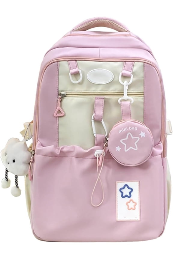 Rosy Posy Backpack, Cream Star Drawstring Backpack, Double Shoulder Straps Large Capacity, Travel Bag With Pendant, 16