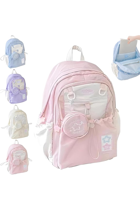 Rosy Posy Backpack - Cream Star Drawstring Backpack, Large Capacity 15.6" Laptop School Bag, Cute Kawaii Y2k Waterproof Design with Adjustable Straps