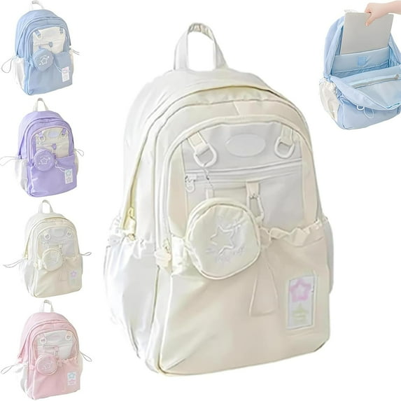 Rosy Posy Backpack - Cream Star Drawstring Backpack, Large Capacity 15.6" Laptop School Bag, Cute Kawaii Y2k Waterproof Design with Adjustable Straps