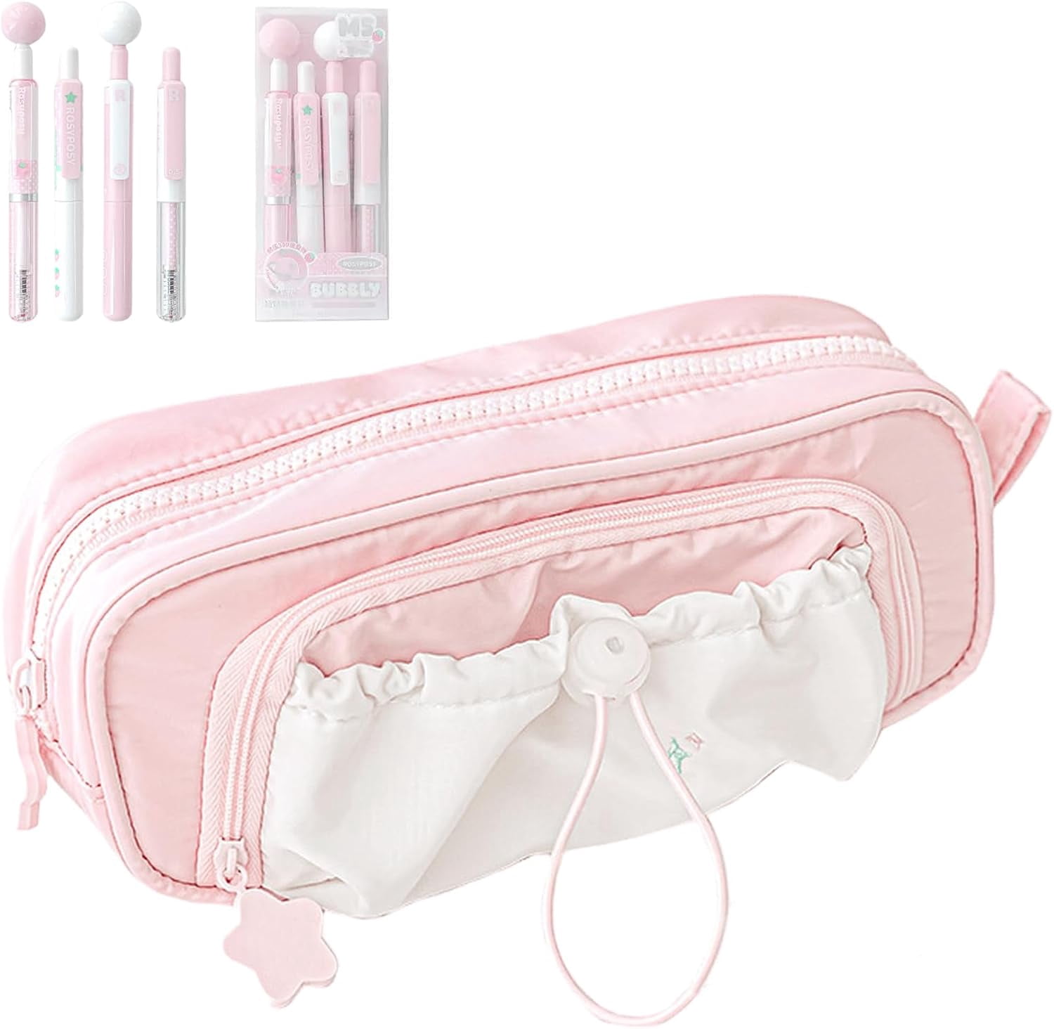 Rosy Posy Pencil Case, Kawaii Pencil Case With Rosy Posy Pens, Counting Stars PencilCase Big Capacity, Cute Aesthetic Pouch Holder Drawstring Pen Case