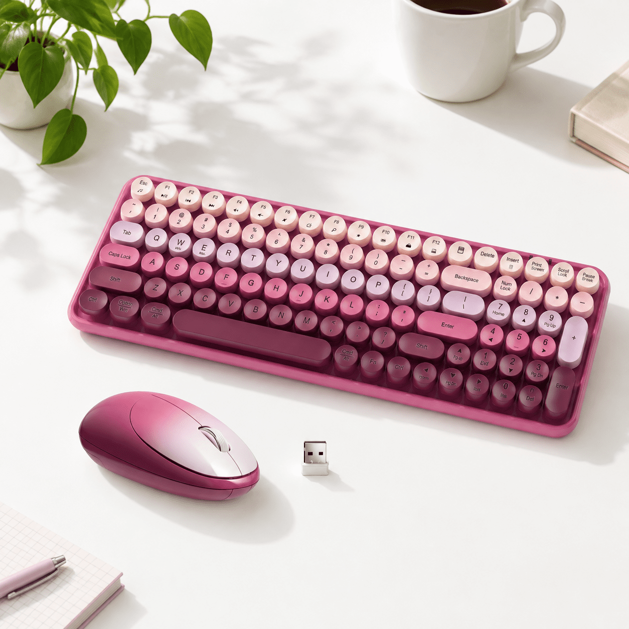 Red Gradient Keyboard Rosy-Red Gradient 2.4G Wireless 100-Key Typewriter Style and Mouse ...