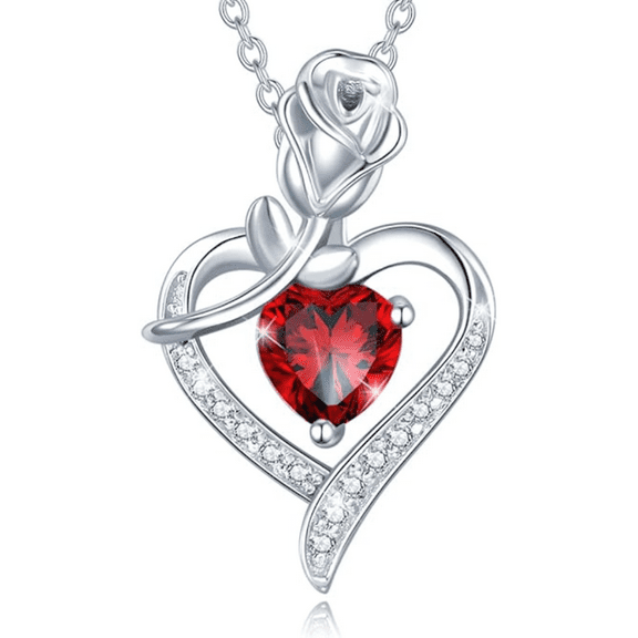 Rosy Reverie Birthstone Necklace for Women in 925 Sterling Silver - Rose Flower Heart Pendant Necklace Anniversary Birthday Gifts for Women Wife Her