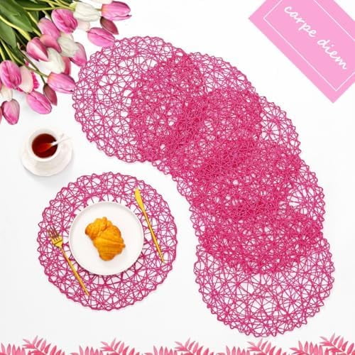 Rosy Round Placemats Set of 12 for Dining Table, 13 Inches Paper Woven Boho Small Decorative Circle Place Mat for Wedding Christmas Thanksgiving Day Holiday Dinner, Rosy
