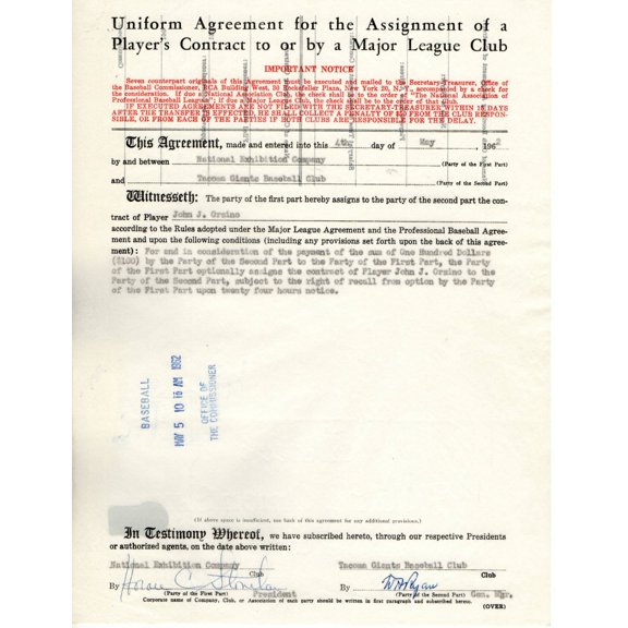 Rosy Ryan Horace Stoneham Signed Autographed Contract 1962 Giants BAS BH27729