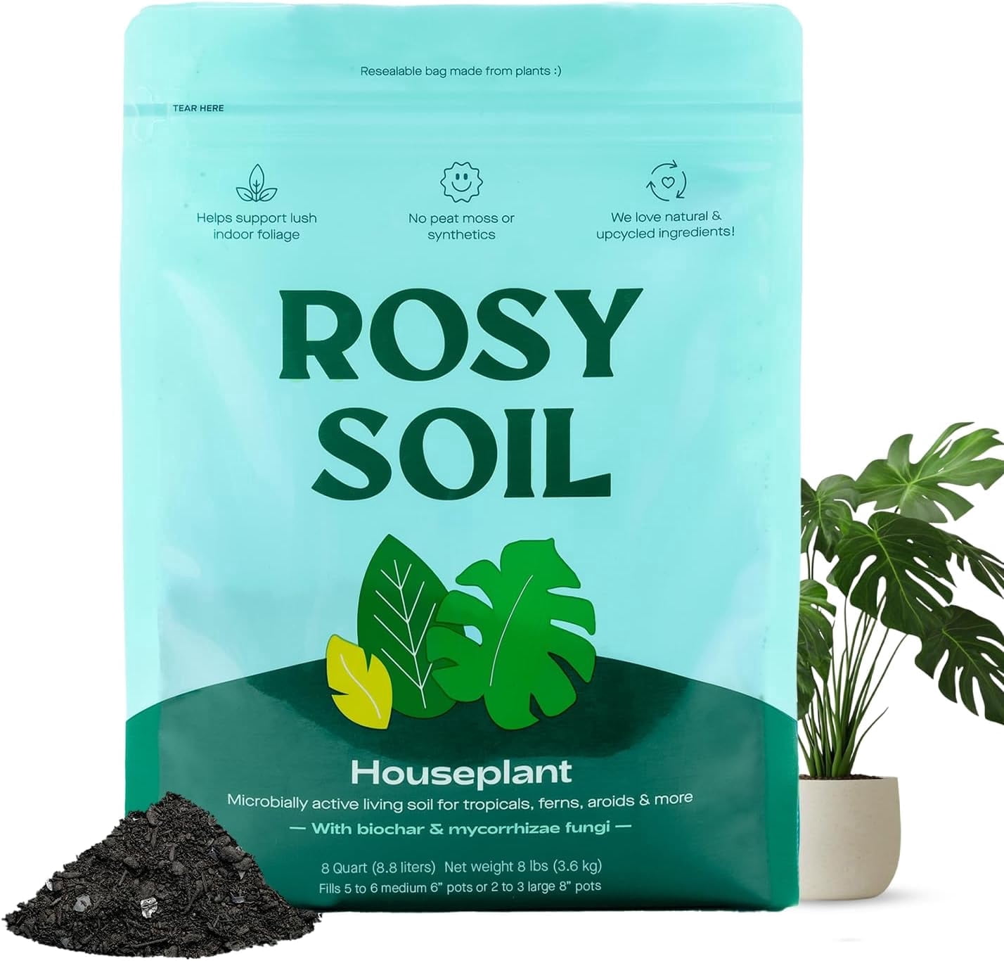 Rosy Soil Indoor Potting Soil Mix for Houseplants, Organic Peat Free Soil with Biochar, Root Boosting Living Soil for Indoor Plants, 8 qt