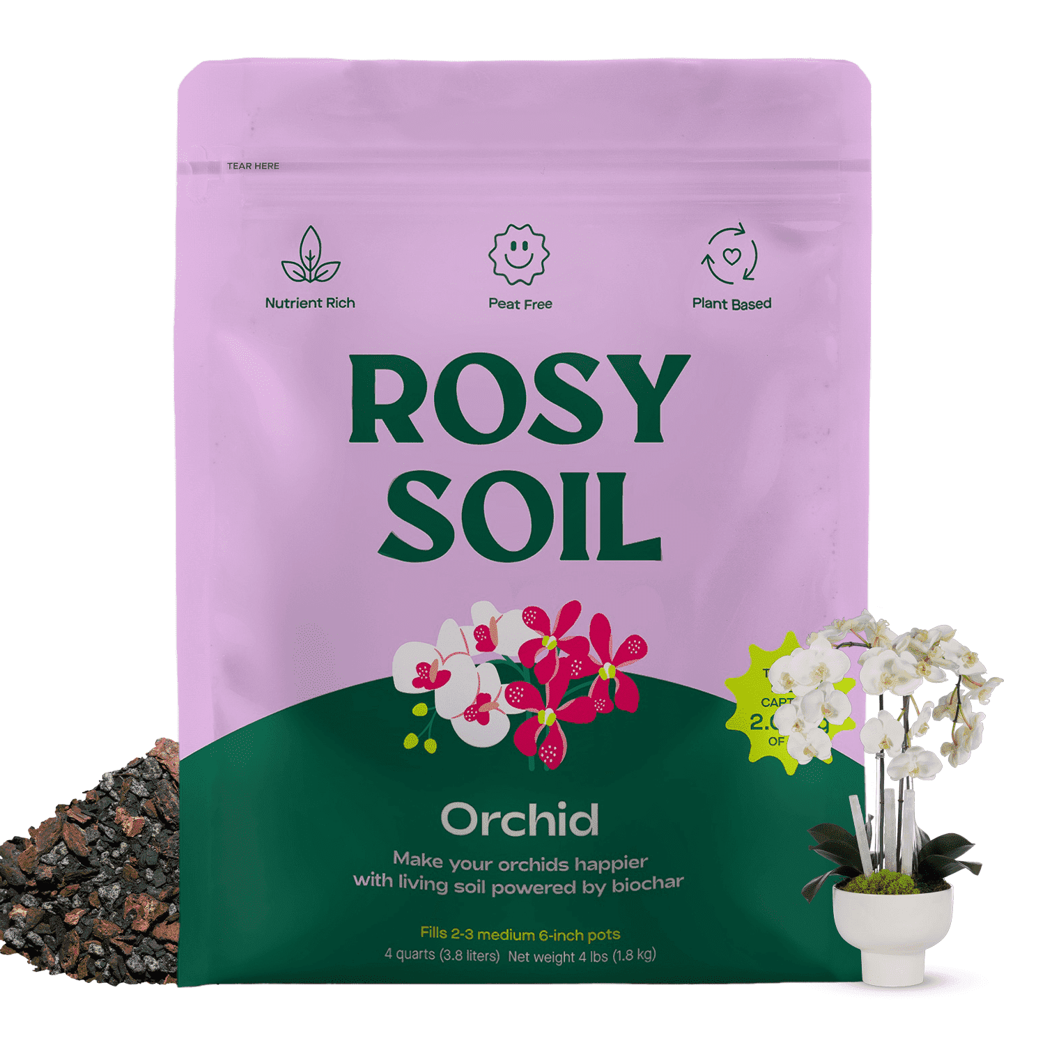 Rosy Soil Orchid Potting Mix, Coarse Fast Draining Orchid Soil with Biochar, Peat Free Mix for Healthy Roots, Indoor Orchids, 4 qt